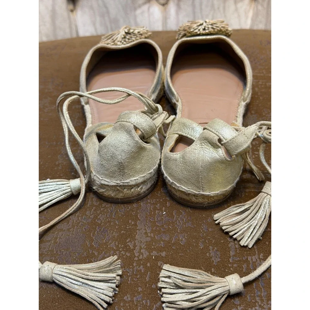 Aquazzura Gold Metallic Pom Pom Tassel Lace Up Espadrille Flats EU 38.5 Spain